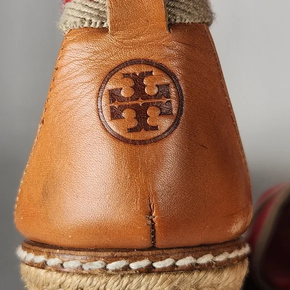 TORY BURCH Women's Adonis Espadrille Sandal Size 5 Red Wedge Leather Made Spain - Picture 11 of 12